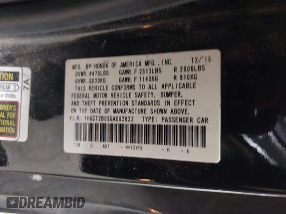 2016 Honda Accord Touring with VIN 1HGCT2B05GA002832, listed as a IAAI auction lot 42221520 with 217,435 mi miles and . Bid and sale history available at DreamBid. Image 9.