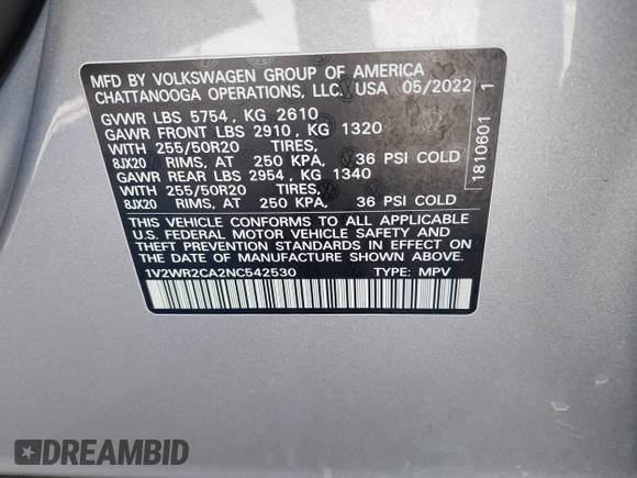 2022 Volkswagen Atlas SE with VIN 1V2WR2CA2NC542530, listed as a IAAI auction lot 41913358 with 37,977 mi miles and . Bid and sale history available at DreamBid. Image 9.