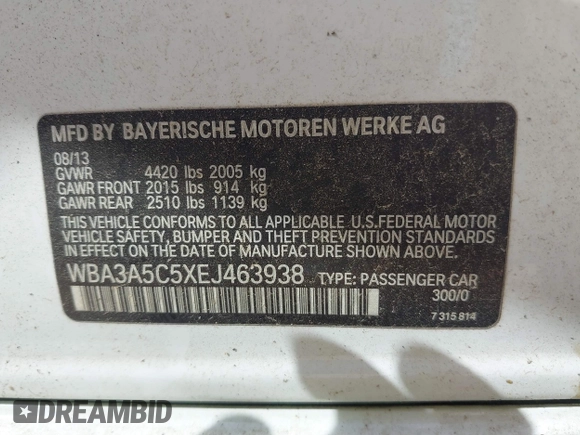 2014 BMW 3 Series 328i with VIN WBA3A5C5XEJ463938, listed as a IAAI auction lot 42103330 with 194,263 mi miles and . Bid and sale history available at DreamBid. Image 9.