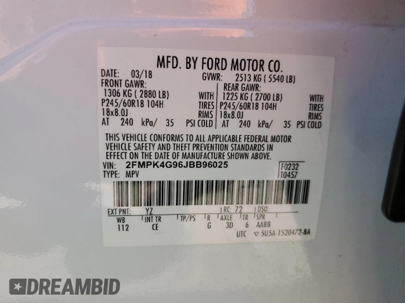 2018 Ford Edge SE with VIN 2FMPK4G96JBB96025, listed as a Copart auction lot 57452345 with 159,039 mi miles and Salvage title. Bid and sale history available at DreamBid. Image 13.