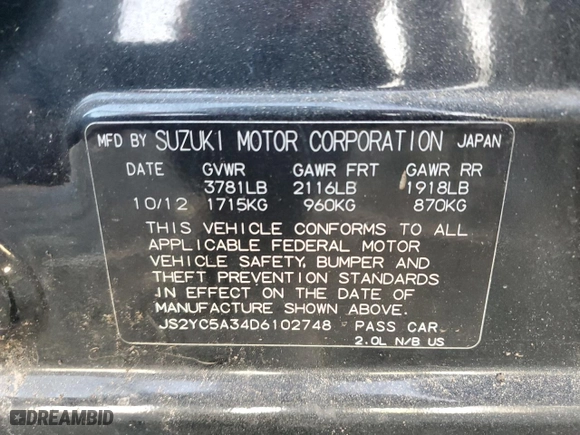 2013 Suzuki SX4 LE with VIN JS2YC5A34D6102748, listed as a Copart auction lot 74253634 with 44,386 mi miles and Salvage Title. Bid and sale history available at carsss.com. Image 14.