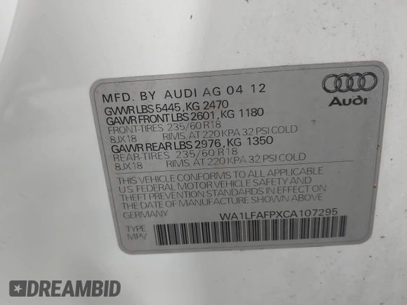 2012 Audi Q5 Premium Plus with VIN WA1LFAFPXCA107295, listed as a IAAI auction lot 42512595 with 153,923 mi miles and . Bid and sale history available at DreamBid. Image 9.