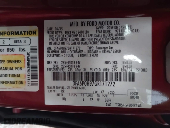 2016 Ford Fusion SE with VIN 3FA6P0H97GR171272, listed as a IAAI auction lot 41962976 with 130,904 mi miles and . Bid and sale history available at DreamBid. Image 9.