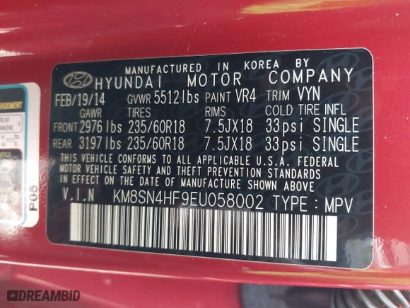 2014 Hyundai Santa Fe Limited with VIN KM8SN4HF9EU058002, listed as a IAAI auction lot 40785983 with 1 mi miles. Bid and sale history available at carsss.com. Image 9.