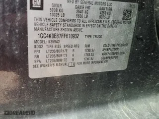 2015 Chevrolet Silverado 3500HD LTZ with VIN 1GC4K0E87FF610932, listed as a Copart auction lot 67093954 with 89,360 mi miles and Salvage Title. Bid and sale history available at carsss.com. Image 12.
