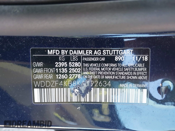 2019 Mercedes-Benz E-Class E 300 with VIN WDDZF4KB8KA592634, listed as a IAAI auction lot 41817498 with 103,676 mi miles. Bid and sale history available at carsss.com. Image 9.