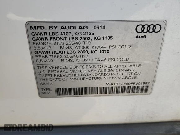 2015 Audi Q3 Premium Plus with VIN WA1BFCFS0FR001987, listed as a Copart auction lot 72962684 with 104,432 mi miles and Salvage title. Bid and sale history available at DreamBid. Image 15.