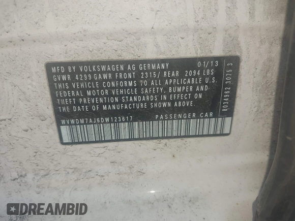 2013 Volkswagen Golf TDI с VIN WVWDM7AJ6DW123617, выставлен на аукционе IAAI как лот 42103993 с пробегом 117 878 миль миль и . История ставок и продаж доступна на DreamBid. Изображение 9.