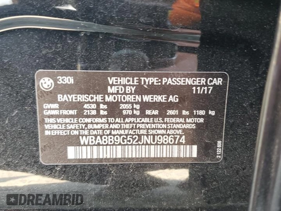 2018 BMW 3 Series 330i with VIN WBA8B9G52JNU98674, listed as a Copart auction lot 59783985 with 77,712 mi miles and Clean title. Bid and sale history available at DreamBid. Image 12.
