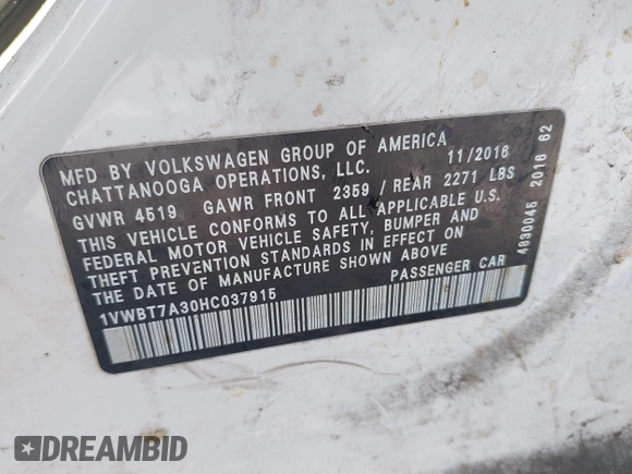 2017 Volkswagen Passat SE with VIN 1VWBT7A30HC037915, listed as a IAAI auction lot 42093170 with 98,968 mi miles and . Bid and sale history available at DreamBid. Image 9.