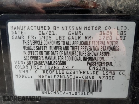 2021 Nissan Versa SV with VIN 3N1CN8EV4ML893609, listed as a Copart auction lot 49766855 with 90,371 mi miles and Clean Title. Bid and sale history available at carsss.com. Image 12.