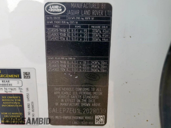 2020 Land Rover Defender SE with VIN SALEP7EU1L2028039, listed as a Copart auction lot 56897065 with 26,989 mi miles and Salvage title. Bid and sale history available at DreamBid. Image 13.