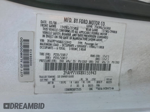 2008 Ford Police Interceptor с VIN 2FAFP71VX8X155943, выставлен на аукционе Copart как лот 54519365 с пробегом Не указан миль и Списание • Salvage title. История ставок и продаж доступна на DreamBid. Изображение 13.