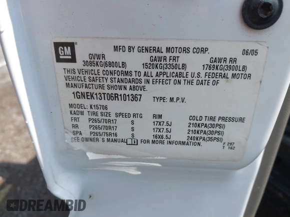 2006 Chevrolet Tahoe Z71 with VIN 1GNEK13T06R101367, listed as a IAAI auction lot 42783435 with 287,412 mi miles and . Bid and sale history available at DreamBid. Image 9.