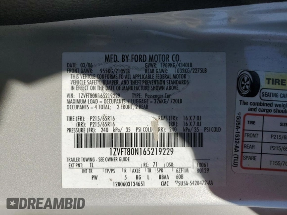 2006 Ford Mustang Standard with VIN 1ZVFT80N165219229, listed as a Copart auction lot 60684965 with 171,273 mi miles and Salvage title. Bid and sale history available at DreamBid. Image 12.