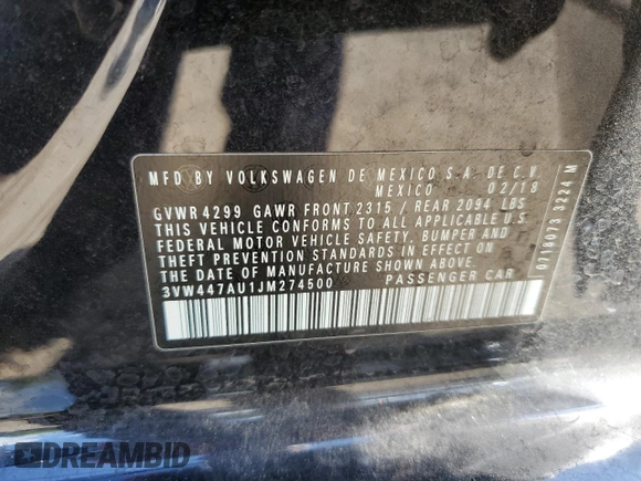 2018 Volkswagen Golf GTI S with VIN 3VW447AU1JM274500, listed as a Copart auction lot 55092054 with 74,694 mi miles. Bid and sale history available at carsss.com. Image 12.