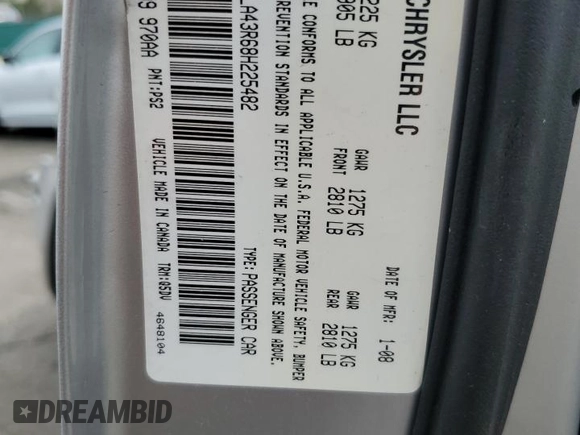 2008 Chrysler 300 LX with VIN 2C3LA43R68H225482, listed as a Copart auction lot 49899735 with 190,254 mi miles and Salvage Title. Bid and sale history available at carsss.com. Image 14.