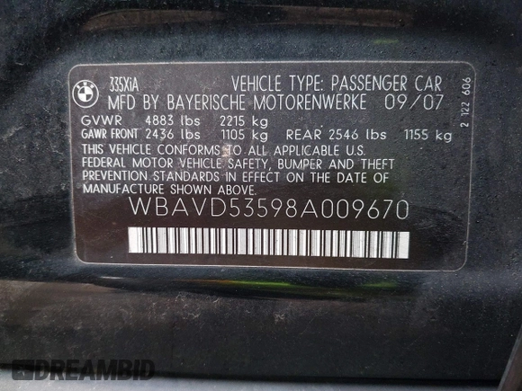 2008 BMW 3 Series 335xi with VIN WBAVD53598A009670, listed as a IAAI auction lot 38985826 with 999,999 mi miles. Bid and sale history available at carsss.com. Image 9.