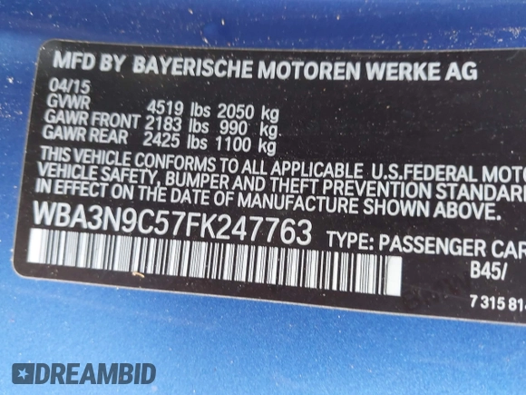 2015 BMW 4 Series 428i xDrive with VIN WBA3N9C57FK247763, listed as a IAAI auction lot 41783892 with 158,813 mi miles and . Bid and sale history available at DreamBid. Image 9.