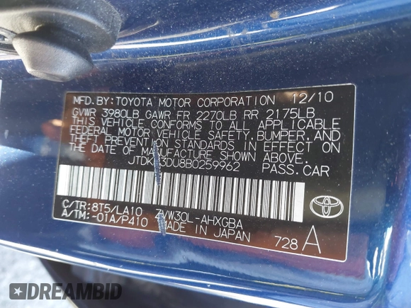2011 Toyota Prius I with VIN JTDKN3DU8B0259962, listed as a IAAI auction lot 41851859 with 314,714 mi miles. Bid and sale history available at carsss.com. Image 9.