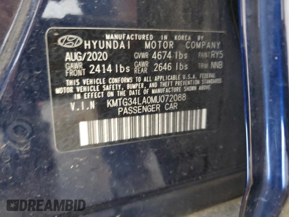 2021 Genesis G70 2.0T with VIN KMTG34LA0MU072088, listed as a Copart auction lot 57433985 with 77,876 mi miles and Clean title. Bid and sale history available at DreamBid. Image 12.