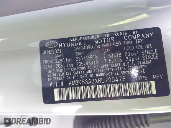 2022 Hyundai Kona Limited with VIN KM8K53A3XNU795476, listed as a IAAI auction lot 41172280 with 13,684 mi miles. Bid and sale history available at carsss.com. Image 9.