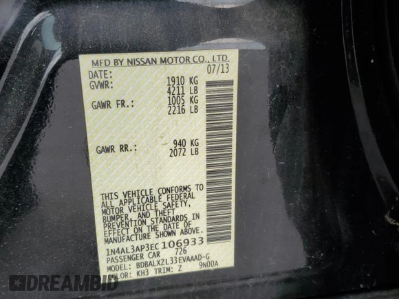 2014 Nissan Altima 2.5 S with VIN 1N4AL3AP3EC106933, listed as a Copart auction lot 55272565 with 161,780 mi miles and Clean Title. Bid and sale history available at carsss.com. Image 12.