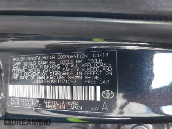 2014 Toyota Prius One with VIN JTDKDTB39E1071253, listed as a IAAI auction lot 41734442 with 233,895 mi miles and . Bid and sale history available at DreamBid. Image 9.