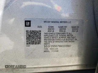 2021 Chevrolet Bolt EV Premier with VIN 1G1FZ6S07M4103987, listed as a Copart auction lot 61461585 with 7,218 mi miles and Salvage title. Bid and sale history available at DreamBid. Image 12.