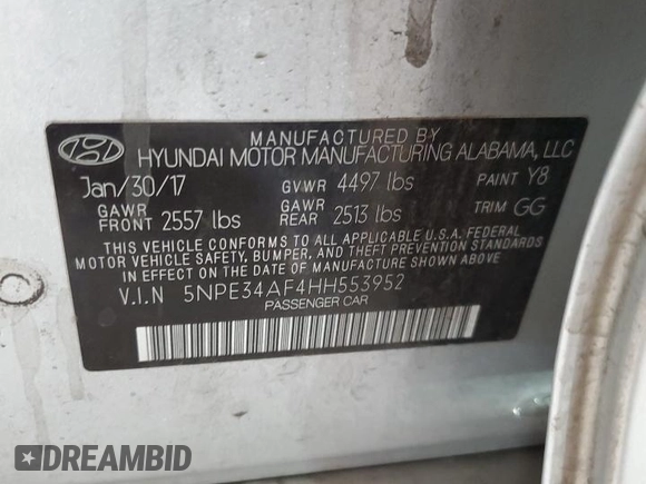 2017 Hyundai Sonata Sport with VIN 5NPE34AF4HH553952, listed as a Copart auction lot 50215765 with 97,688 mi miles and Salvage Title. Bid and sale history available at DreamBid. Image 12.