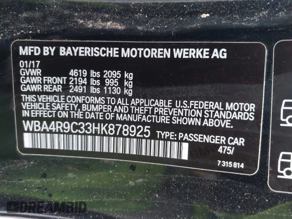 2017 BMW 4 Series 430i xDrive with VIN WBA4R9C33HK878925, listed as a IAAI auction lot 41950321 with Not Provided miles and . Bid and sale history available at DreamBid. Image 9.