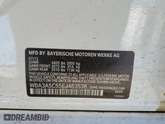 2014 BMW 3 Series 328i with VIN WBA3A5C55EJ463538, listed as a Copart auction lot 45796435 with 161,512 mi miles and Clean title. Bid and sale history available at DreamBid. Image 12.