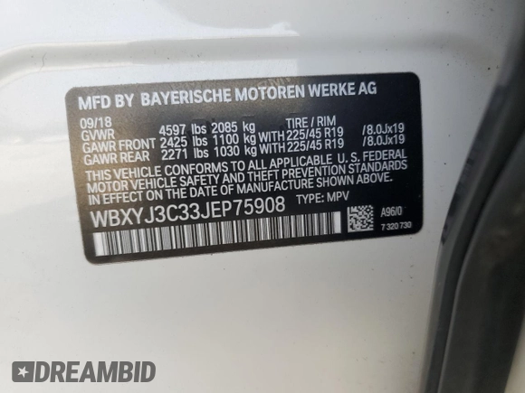 2018 BMW X2 sDrive28i with VIN WBXYJ3C33JEP75908, listed as a Copart auction lot 47314425 with 60,366 mi miles and Salvage Title. Bid and sale history available at carsss.com. Image 15.