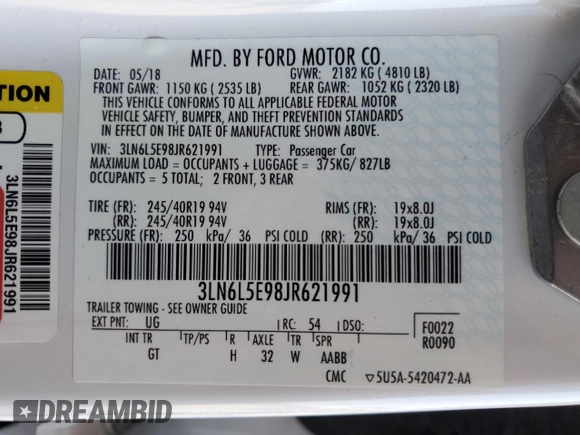 2018 Lincoln MKZ Reserve with VIN 3LN6L5E98JR621991, listed as a Copart auction lot 52792335 with 88,972 mi miles and Salvage title. Bid and sale history available at DreamBid. Image 12.