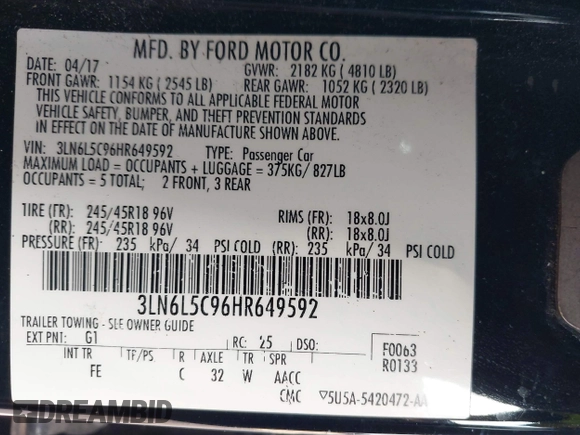 2017 Lincoln MKZ Select with VIN 3LN6L5C96HR649592, listed as a IAAI auction lot 41503933 with 125,779 mi miles. Bid and sale history available at carsss.com. Image 9.