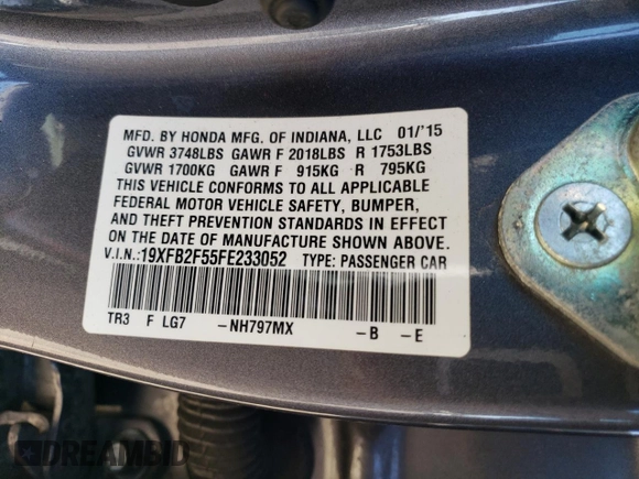 2015 Honda Civic LX with VIN 19XFB2F55FE233052, listed as a Copart auction lot 46302075 with 102,482 mi miles and Salvage Title. Bid and sale history available at carsss.com. Image 12.