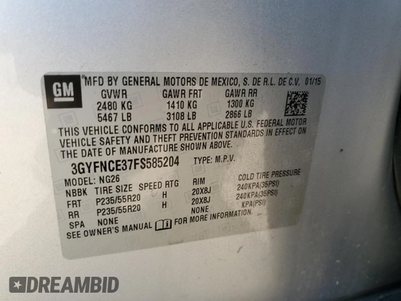 2015 Cadillac SRX Performance Collection with VIN 3GYFNCE37FS585204, listed as a Copart auction lot 59966935 with 50,781 mi miles and Salvage title. Bid and sale history available at DreamBid. Image 13.
