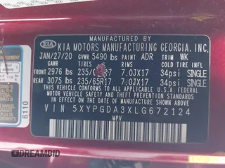 2020 Kia Sorento LX with VIN 5XYPGDA3XLG672124, listed as a IAAI auction lot 41863145 with 62,983 mi miles and . Bid and sale history available at DreamBid. Image 9.