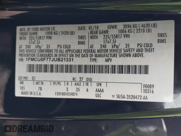 2018 Ford Escape S with VIN 1FMCU0F77JUB21331, listed as a IAAI auction lot 41800729 with 78,572 mi miles. Bid and sale history available at carsss.com. Image 9.