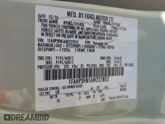2010 Ford Focus SE with VIN 1FAHP3FN1AW227852, listed as a Copart auction lot 56392435 with 145,047 mi miles and Salvage Title. Bid and sale history available at DreamBid. Image 13.