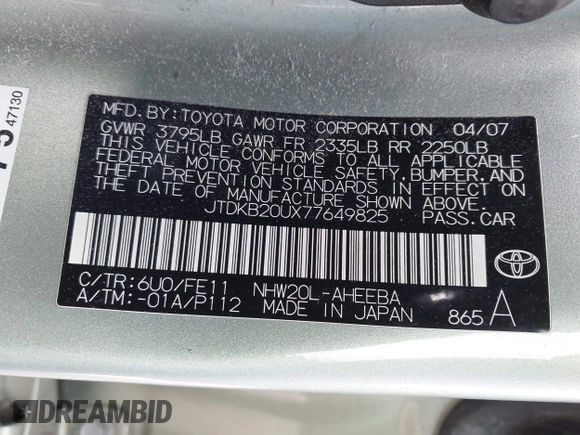 2007 Toyota Prius with VIN JTDKB20UX77649825, listed as a IAAI auction lot 41327852 with 132,988 mi miles. Bid and sale history available at carsss.com. Image 9.