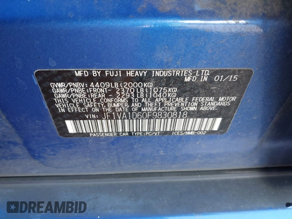2015 Subaru WRX Premium with VIN JF1VA1D60F9830818, listed as a IAAI auction lot 40010134 with 120,575 mi miles and . Bid and sale history available at DreamBid. Image 9.