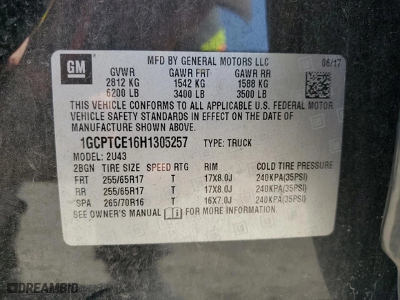 2017 Chevrolet Colorado 4WD LT with VIN 1GCPTCE16H1305257, listed as a Copart auction lot 50061785 with 236,035 mi miles and Clean Title. Bid and sale history available at carsss.com. Image 12.