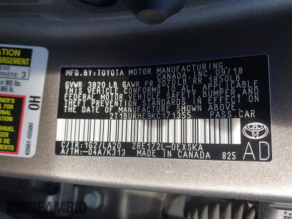 2019 Toyota Corolla L z VIN 2T1BURHE9KC171355, wystawiony jako IAAI lot #41400218 z przebiegiem 38 692 mil mil oraz . Historia ofert i sprzedaży dostępna na DreamBid. Obrazek 9.