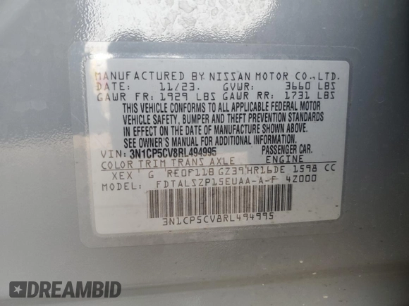 2024 Nissan Kicks SV with VIN 3N1CP5CV8RL494995, listed as a Copart auction lot 51074305 with 41,409 mi miles and Salvage Title. Bid and sale history available at DreamBid. Image 13.