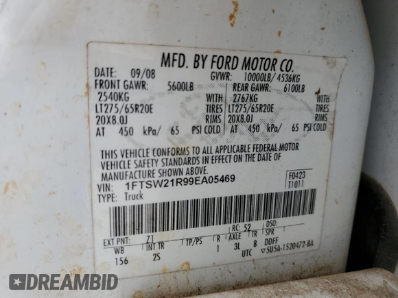2009 Ford F-250 XL with VIN 1FTSW21R99EA05469, listed as a Copart auction lot 63138925 with 308,103 mi miles and Salvage title. Bid and sale history available at DreamBid. Image 12.