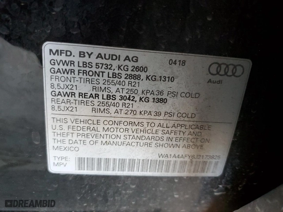 2018 Audi SQ5 Premium Plus with VIN WA1A4AFY6J2173825, listed as a Copart auction lot 51458755 with 77,838 mi miles and Salvage Title. Bid and sale history available at carsss.com. Image 12.