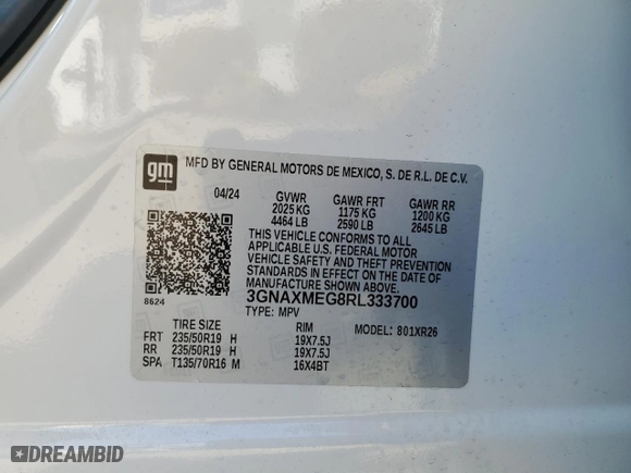 2024 Chevrolet Equinox RS with VIN 3GNAXMEG8RL333700, listed as a Copart auction lot 71481804 with 3,628 mi miles and Salvage Title. Bid and sale history available at carsss.com. Image 14.