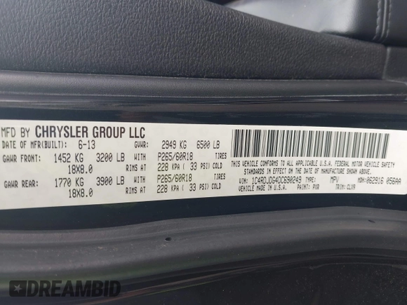 2013 Dodge Durango Crew with VIN 1C4RDJDG4DC690249, listed as a IAAI auction lot 42329188 with 225,504 mi miles and . Bid and sale history available at DreamBid. Image 9.