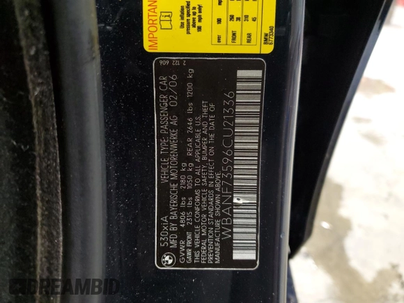 2006 BMW 5 Series 530xi with VIN WBANF73596CU21336, listed as a Copart auction lot 52828545 with 166,092 mi miles and Salvage Title. Bid and sale history available at DreamBid. Image 12.